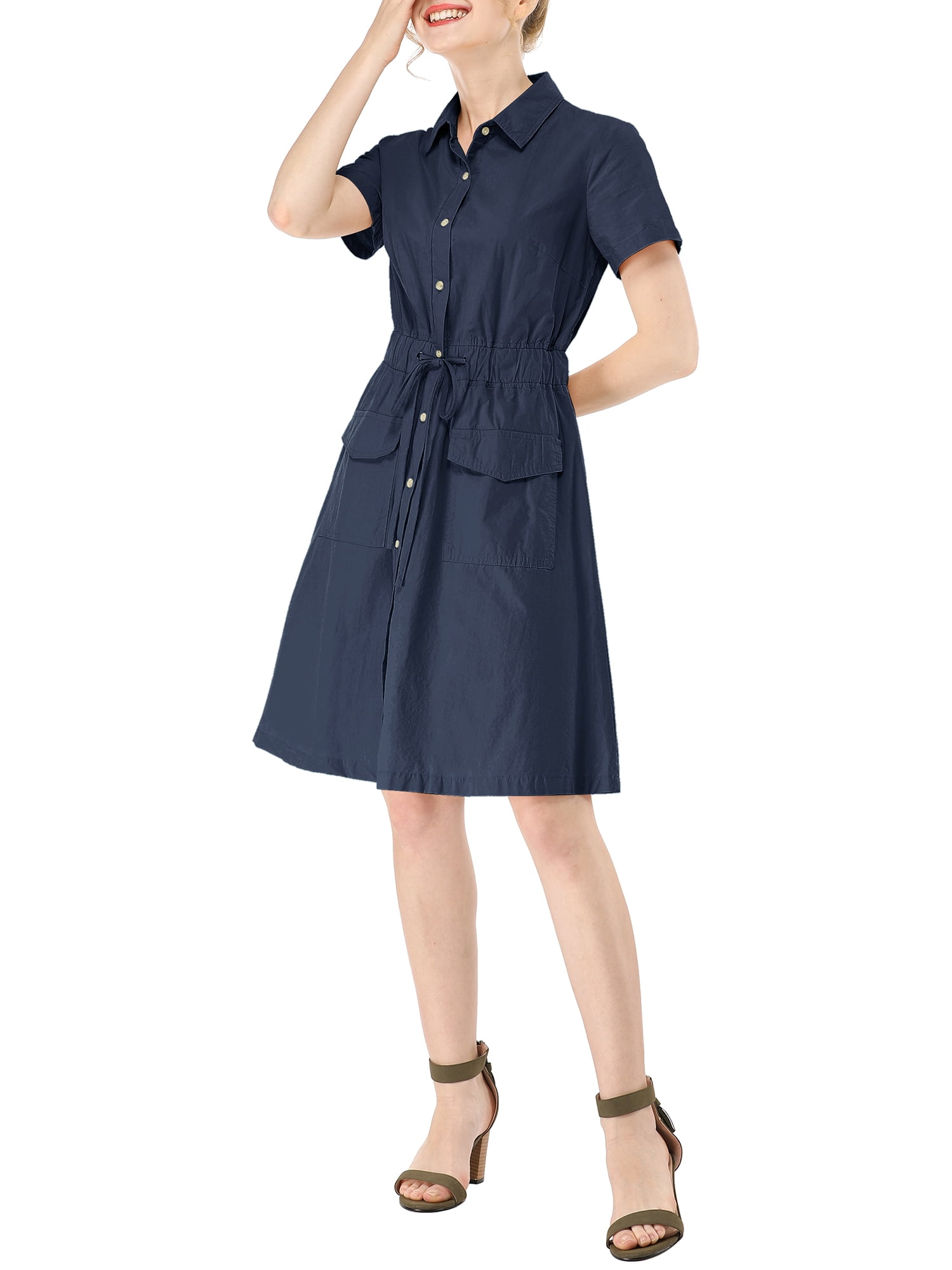DARING DIVA Collar Elastic Waist Above Knee Dress with Pocket XL Blue