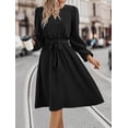 thumbnail image 3 of Solid Color Split V Neck Long Sleeve Classic Dress Knee Length, 3 of 5