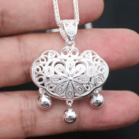 HOOUN Pure 999 Fine Silver Men Women Gift Lucky Hollow Flower Lock Bag Pendant 9.88g