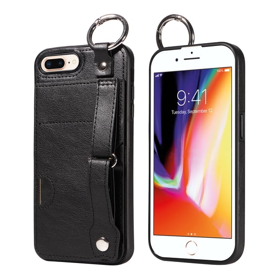 Allytech Wallet Case for iPhone 8 Plus/7 Plus, [Card Slot] [Ring Buckle] [Adjustable Wristband with Snap Buckles] Premium PU Leather Kickstand Shockproof Case Cover for Women Men - Black