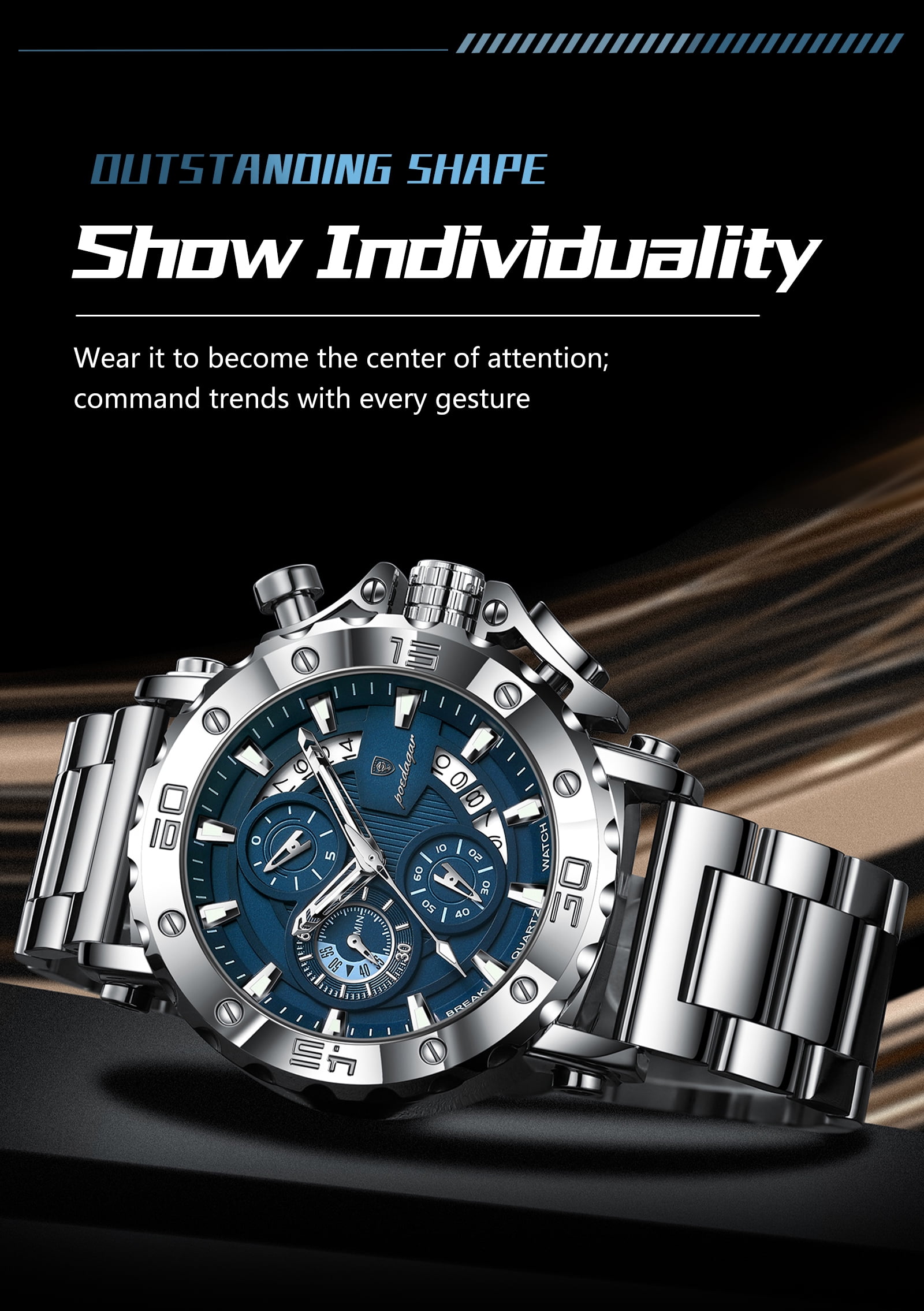 Poedagar Chronograph Watch For Men Luminous Waterproof Alloy Case Stainless Steel Men's Quartz Watch