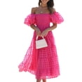 thumbnail image 7 of Biekopu Women's Summer Casual A-line Dress,Short Puff Sleeve Off Shoulder Midi Plaid Dress, 7 of 7