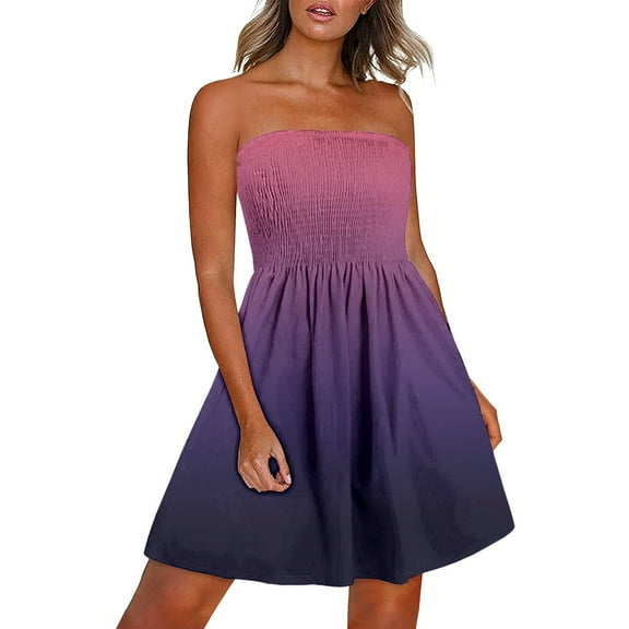 Usmixi Formal Dresses for Women Fashion Elastic Waist Flowy Pleated Swing Beach Party Strapless Dresses Tube Top Sleeveless Gradient Summer Mini Dress Purple l
