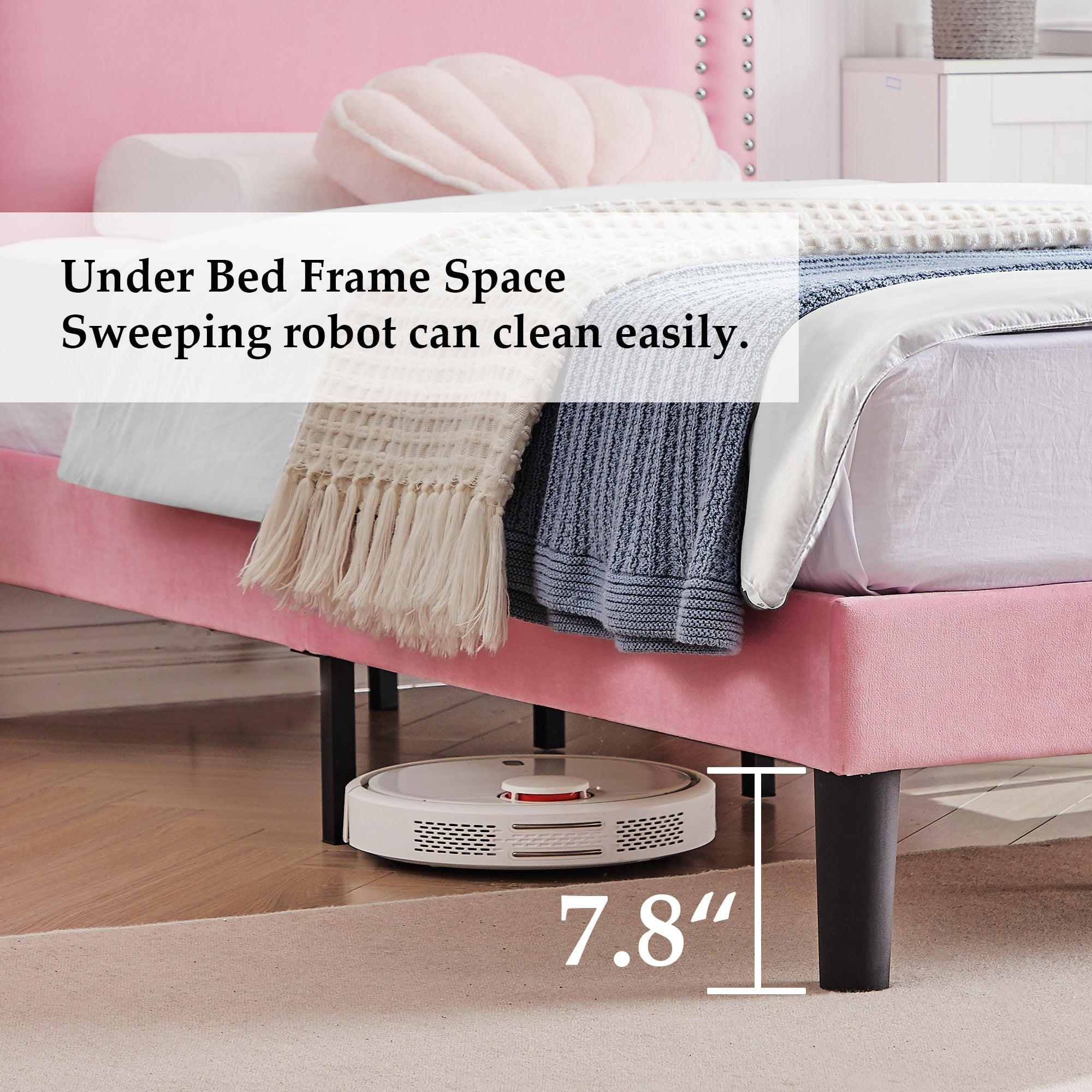 Katkuca Full Bed Frame, Upholstered Queen Size Platform Bed Frame with Adjustable Headboard, Strong Wood Slat Support, No Box Spring Needed, Pink
