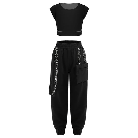 iEFiEL Girls Cap Sleeves Cutout Waist Tank Crop Top with Metal Chain Pocket Jogger Pants Workout Dance Outfit Black 10