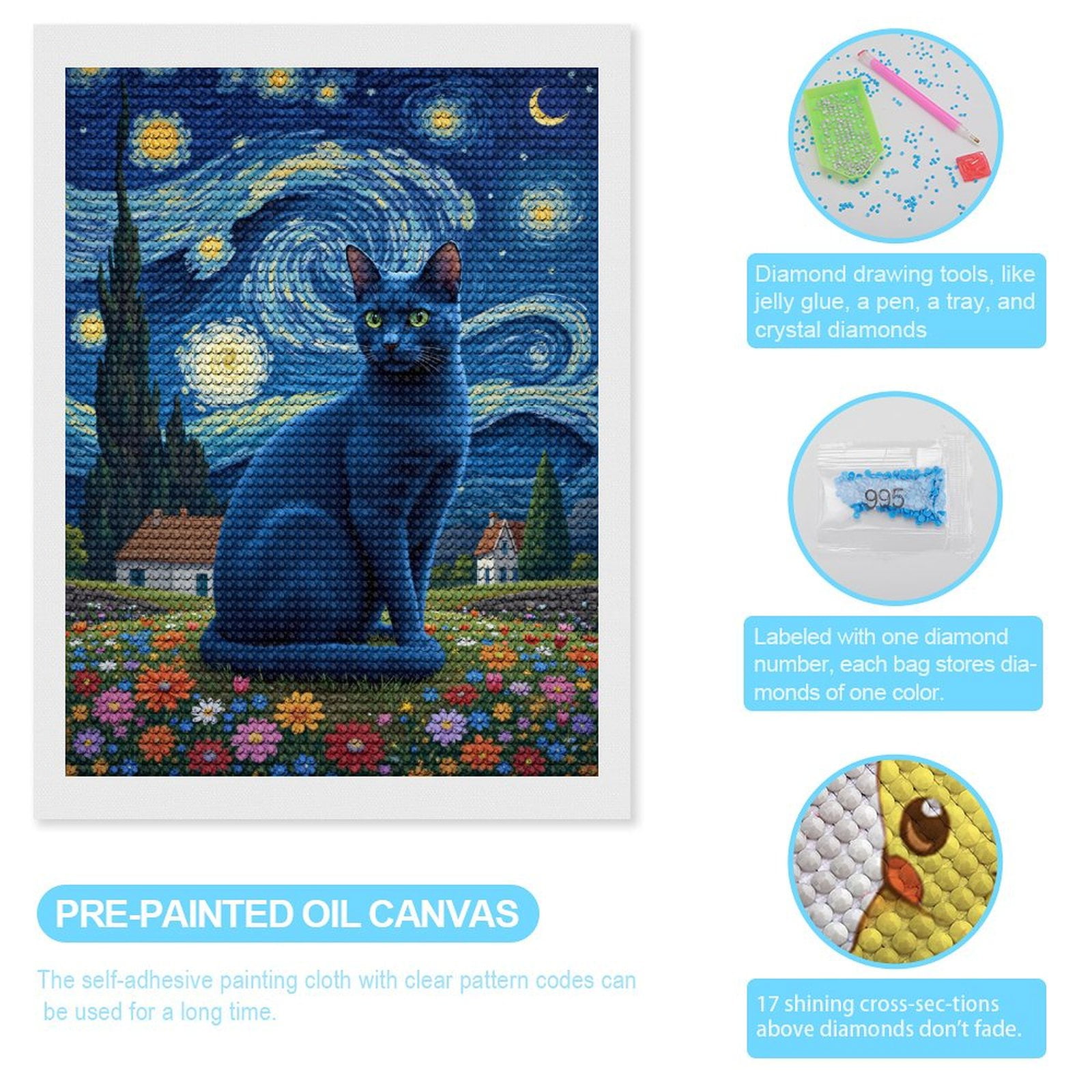 Diamond Art Kits for Adults, Starry Night Blue Cat Garden Scene 5D Diamond Painting Kits for Adults Beginners, DIY Full Drill Diamond Painting, Gem Art and Crafts 12x16