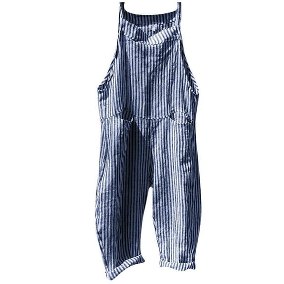 SUYOLL Women'S Striped Summer Jumpsuits Casual with Pocket Loose Fit Adjustable Strap Sleeveless Striped Checkered Overalls Solid Color Wide Leg Casual Athleisure