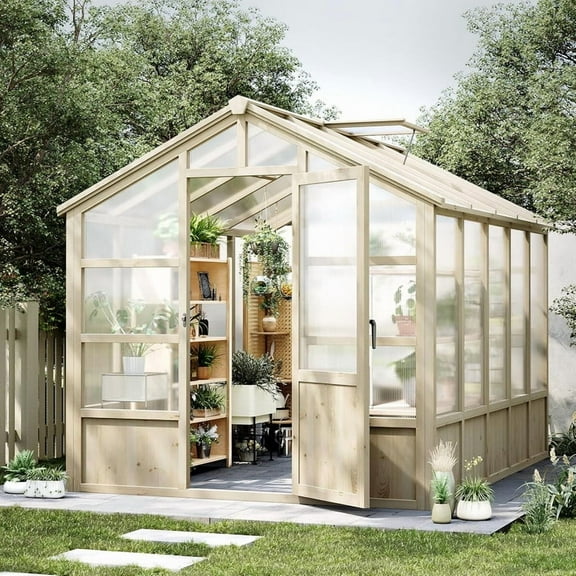 Towallmark Greenhouse Outdoor, 8X10 FT Wooden Walk In Greenhouse With Adjustable Roof Vent, Cedar Wood Garden Shed With UV Protection Lockable Door, Light Brown