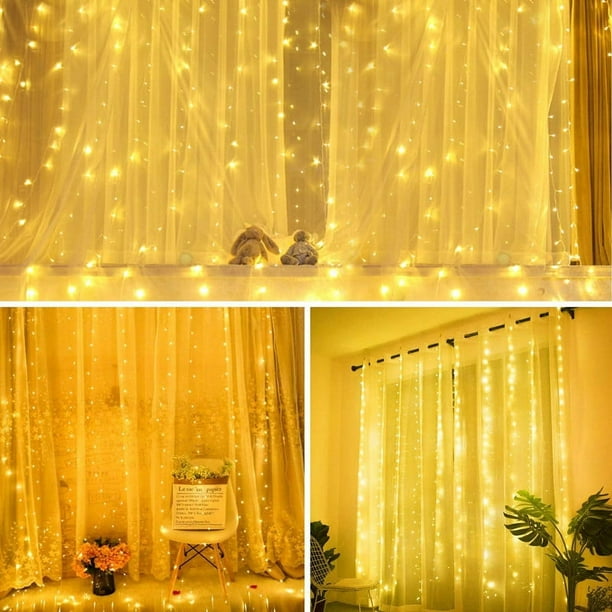 Cortina de luces LED de cobre con control remoto por USB, 8 modos, 3 x 3 m, 300 LED, luces navideñas para exteriores, luces decorativas