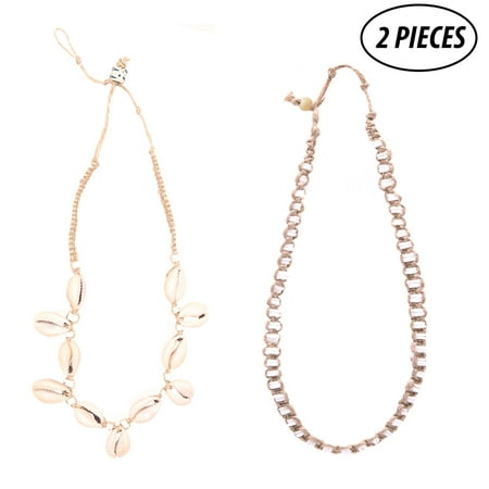 - Set of 2 Cowrie and Puka Shell Hemp Braid Adjustable Necklaces - Handmade Macrame with Genuine Sea Shells and Natural Cord