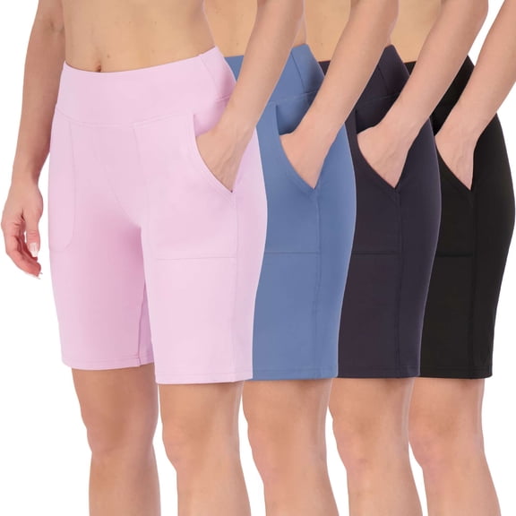 Real Essentials 4 Pack: Women's 9" Bermuda Long High Waisted Shorts with Pockets Casual Workout Athletic (Available in Plus)