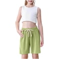 thumbnail image 5 of Riecok 4 Packs Long Shorts for Girls Summer Elastic Waist Drawstring Linen Shorts Solid Workout Clothes with Pocket, 5 of 8