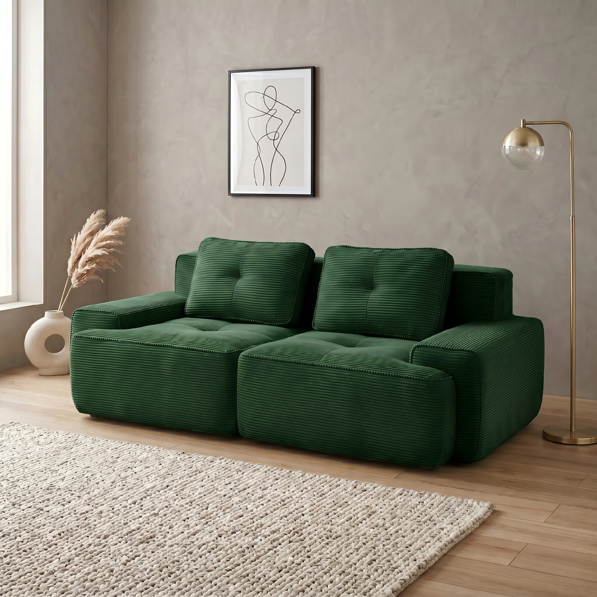 80" Corduroy Modular Sectional Sofa, 2-Seater Tufted Deep Seat Couch, Pet-Friendly Couch, No Assembly, Green