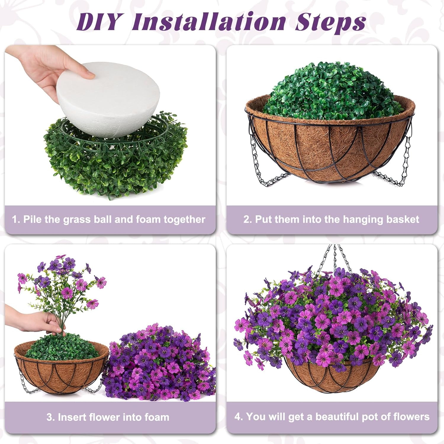 Artificial Faux Hanging Plants Flowers Basket for Outdoor Outside Spring Summer Decoration, Silk Purple Morning Glory in Planter UV Resistant Look Real Fake Flowers for Porch Patio Balcony Home Yard