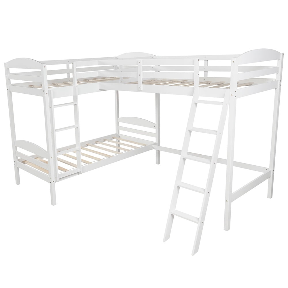 Twin Bunk Beds L-Shaped Bunk Bed and Loft Bed with Ladder and Guard for Teens Bedroom, White