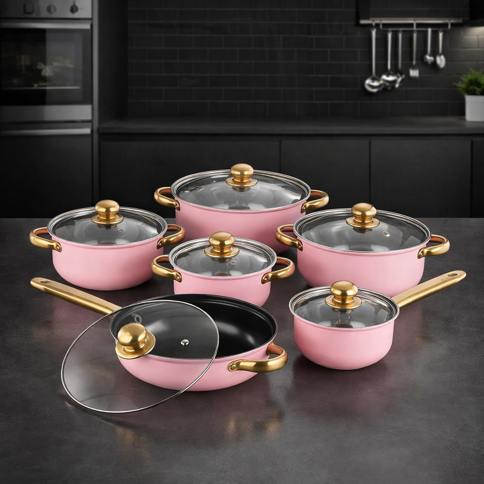 Nishiyuenyi 6 Pieces Stainless Steel Cookware Set Nonstick Pots and Pans Set for Kitchen Pink