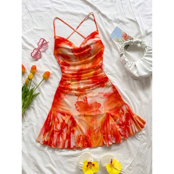 Orange Spaghetti Strap Cross-Back Ruched Floral Mini Dress With Sheer Flared Hem