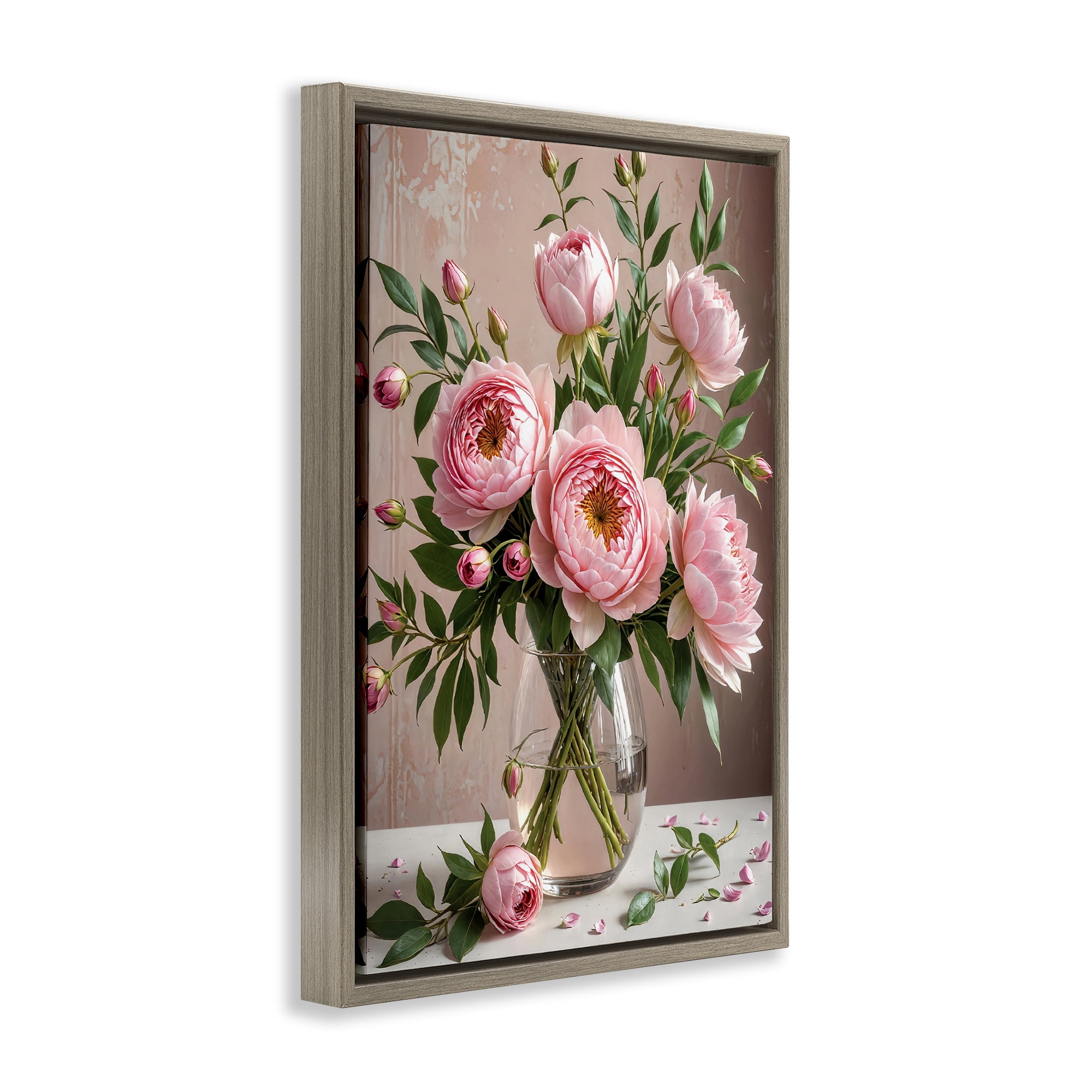 Stupell Industries Elegant Peonies in Vase Plants & Flowers Painting Brown Floater Framed Canvas Art Print Wall Art, 17 x 25