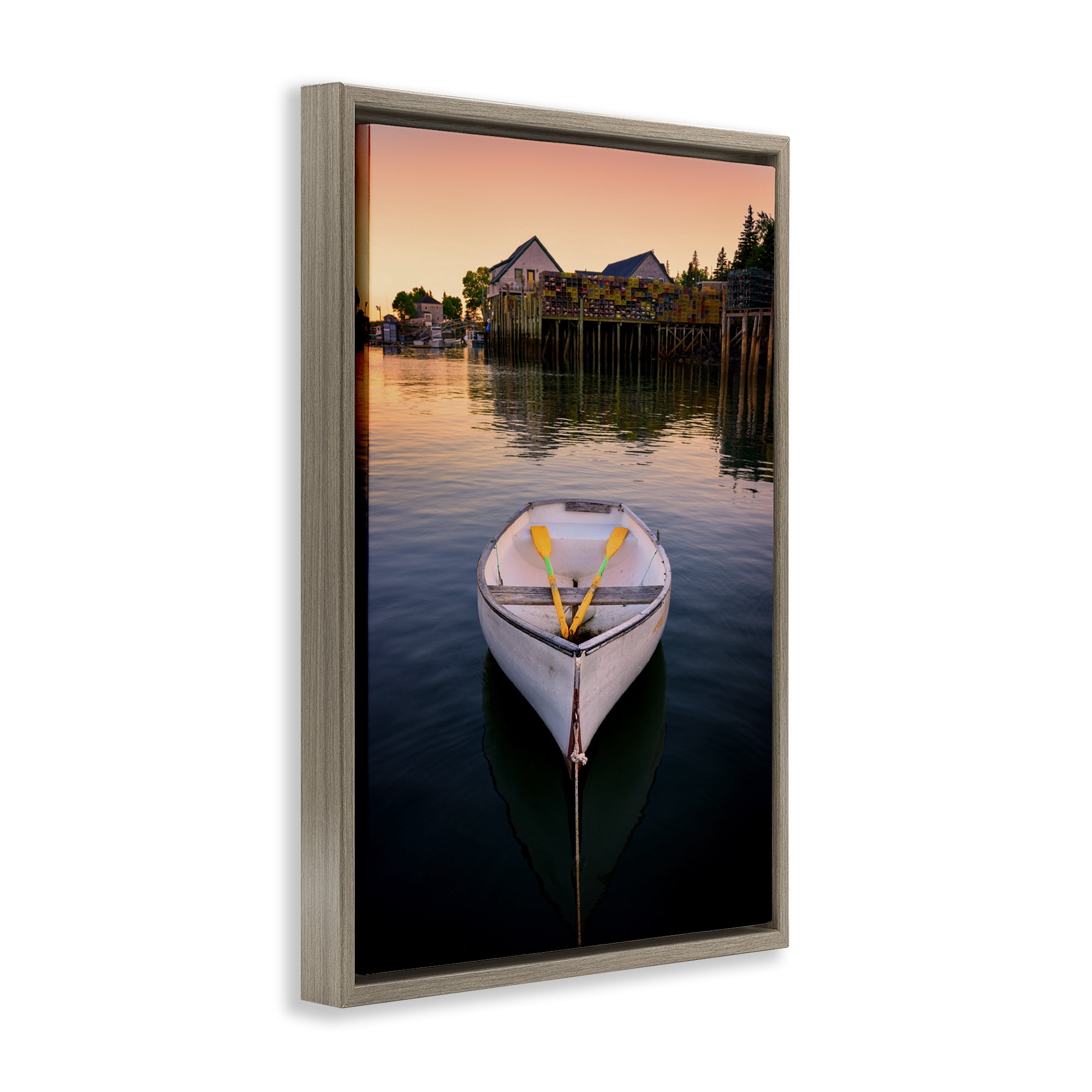Stupell Industries Docked Rowboat with Oars Transportation Photography Brown Floater Framed Canvas Art Print Wall Art, 17 x 25
