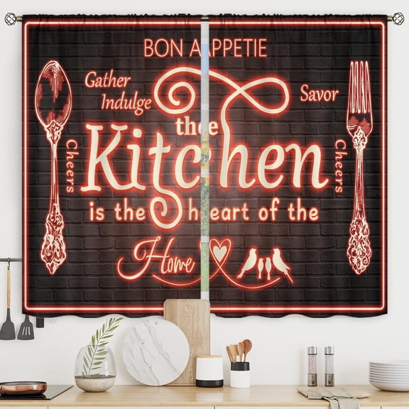 Red Black Neon Brick Wall Kitchen Curtains Vintage Fork and Spoon Kitchenware Modern Graffiti Cool Retro Rod Pocket Funny Quotes Bedroom Living Room Treatment Fabric 2 Panels 27.5Wx39H Inch
