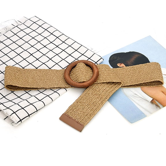 Women Straw Woven Belts Boho Briaded Elastic Waist Belts with Round Wooden Buckle Fashion Versatile Wdie Waistband One Size