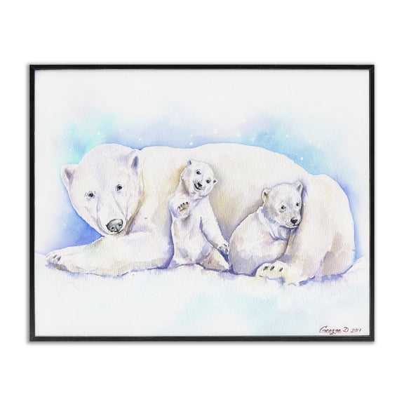 Stupell Industries Traditional Polar Bear Family Animal Blue Watercolor Black Framed Giclee Art, 14 x 11, by George Dyachenko
