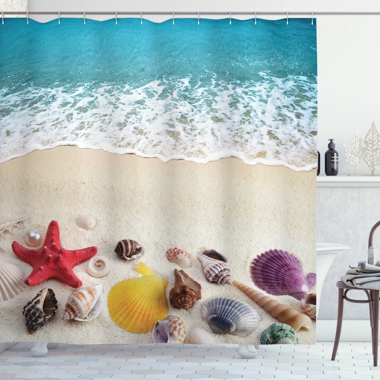 Starfish Seashells on Ocean Beach Bathroom Fabric Shower Curtain 71*71 inches 