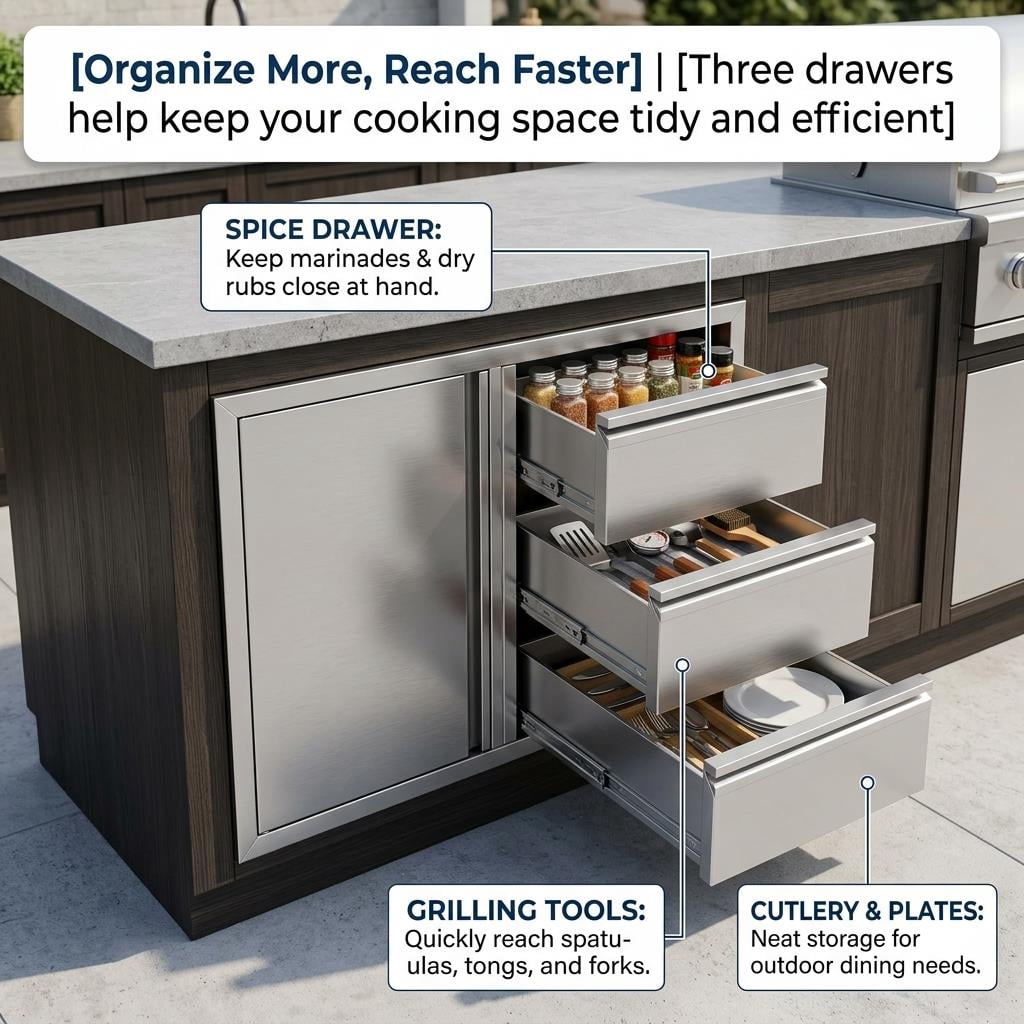 Stainless Steel Outdoor Kitchen Cabinet, 3 Drawer Built-in BBQ Storage Cabinet with Single Door for Patio Grill Station