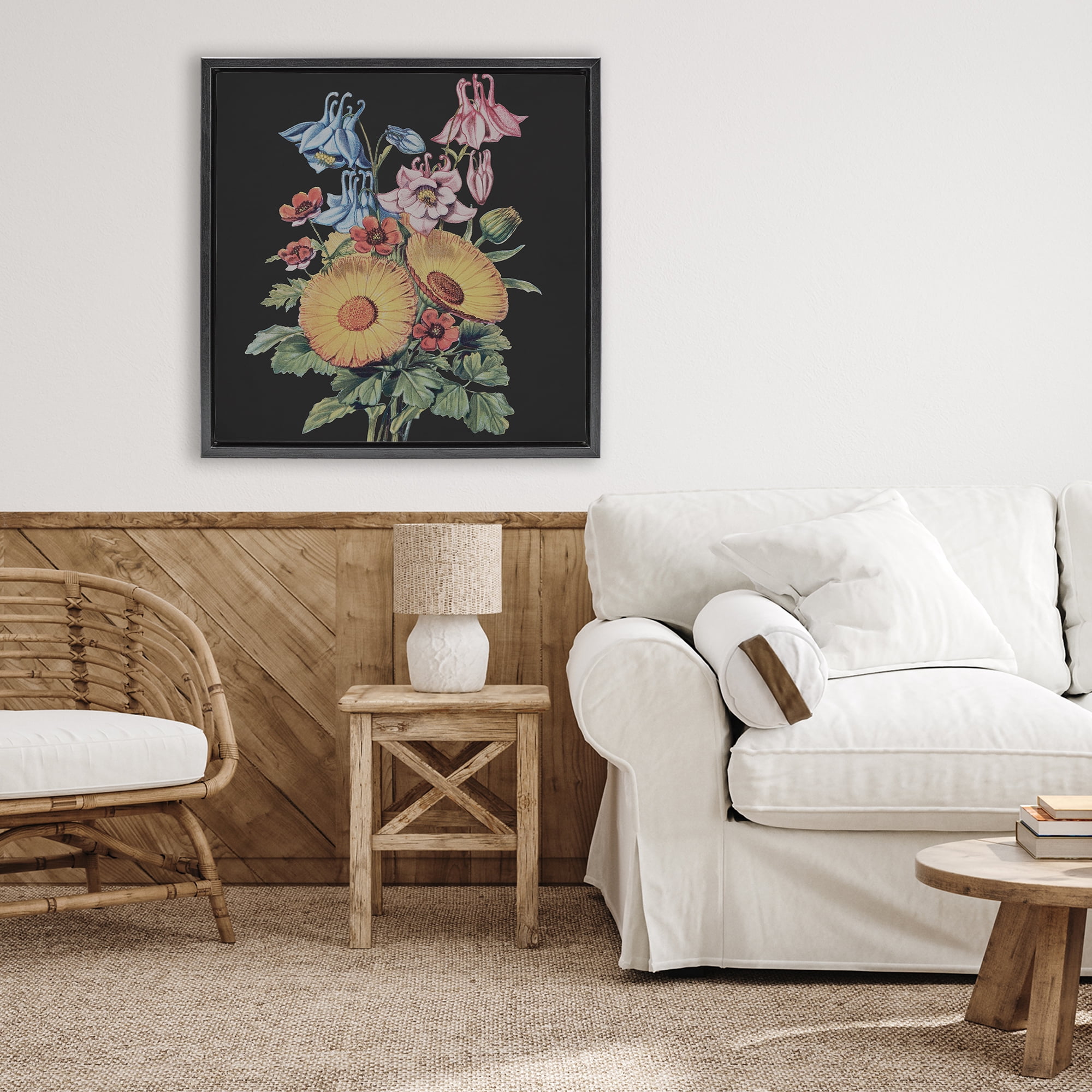 Stupell Industries Vintage Bouquet Study on Black Black Framed Floater Canvas Wall Art, design by Dan Meneely