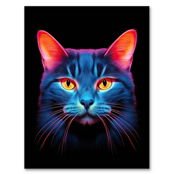 Luminescent Cat Painting Orange Purple Blue High Contrast Pet Portrait Neon on Black Design Art Print Framed Poster Wall Decor 12x16 inch