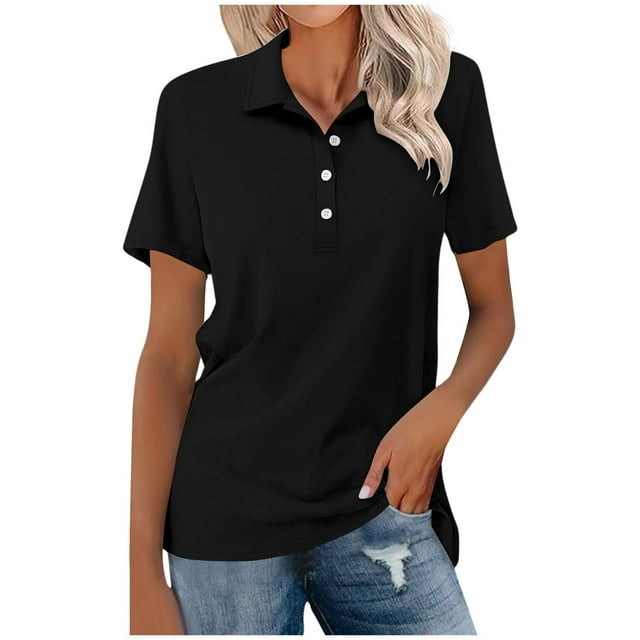 Womens T Shirts Summer Lapel Polo Slim Fit Short Sleeve Solid Color Leisure Lady Tees