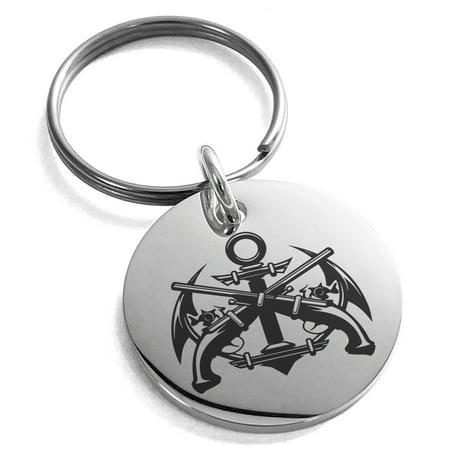 Stainless Steel Pirate Anchor & Pistols Emblem Engraved Small Medallion Circle Charm Keychain