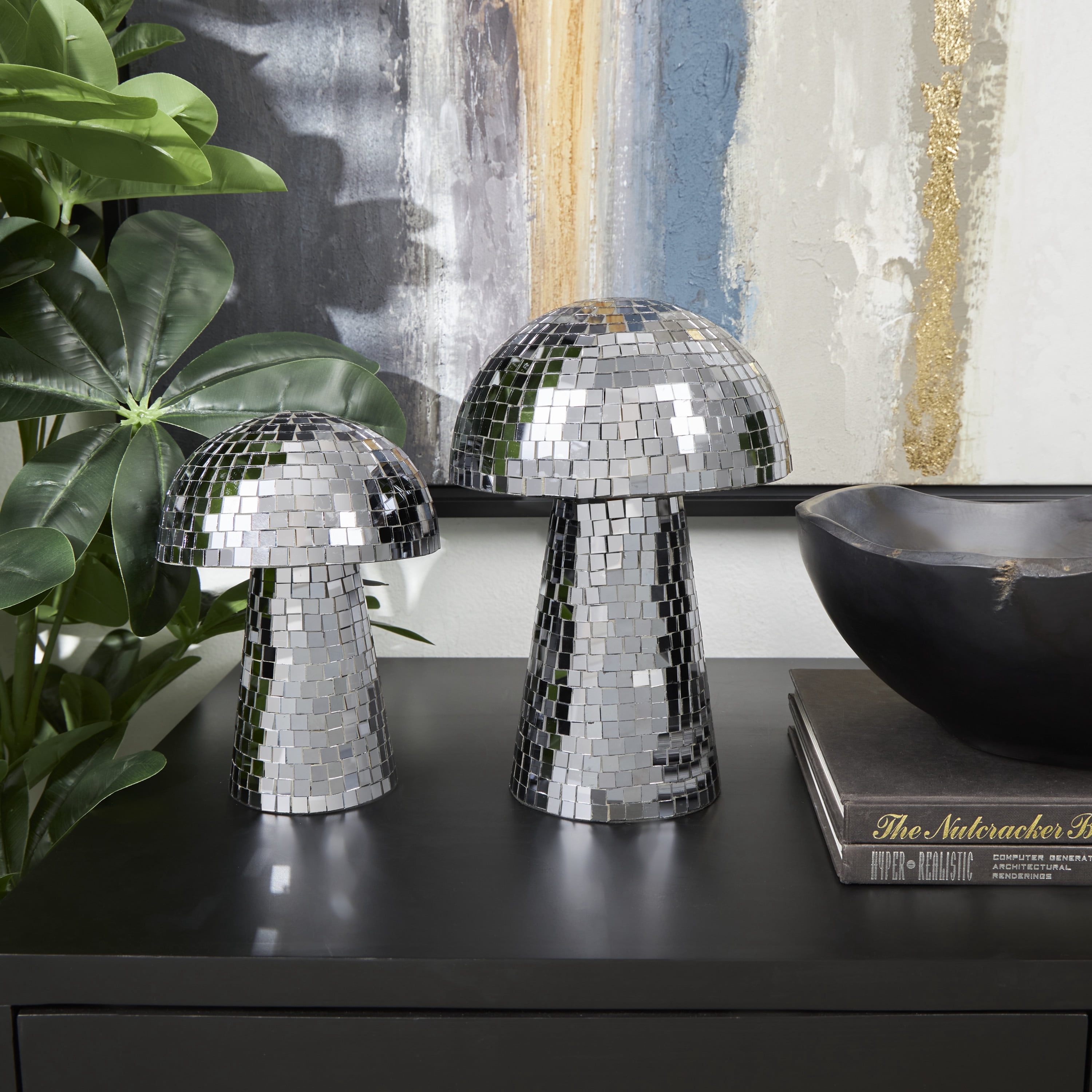 10", 8"H Silver Glass Mushroom Sculpture, by DecMode (2 Count)