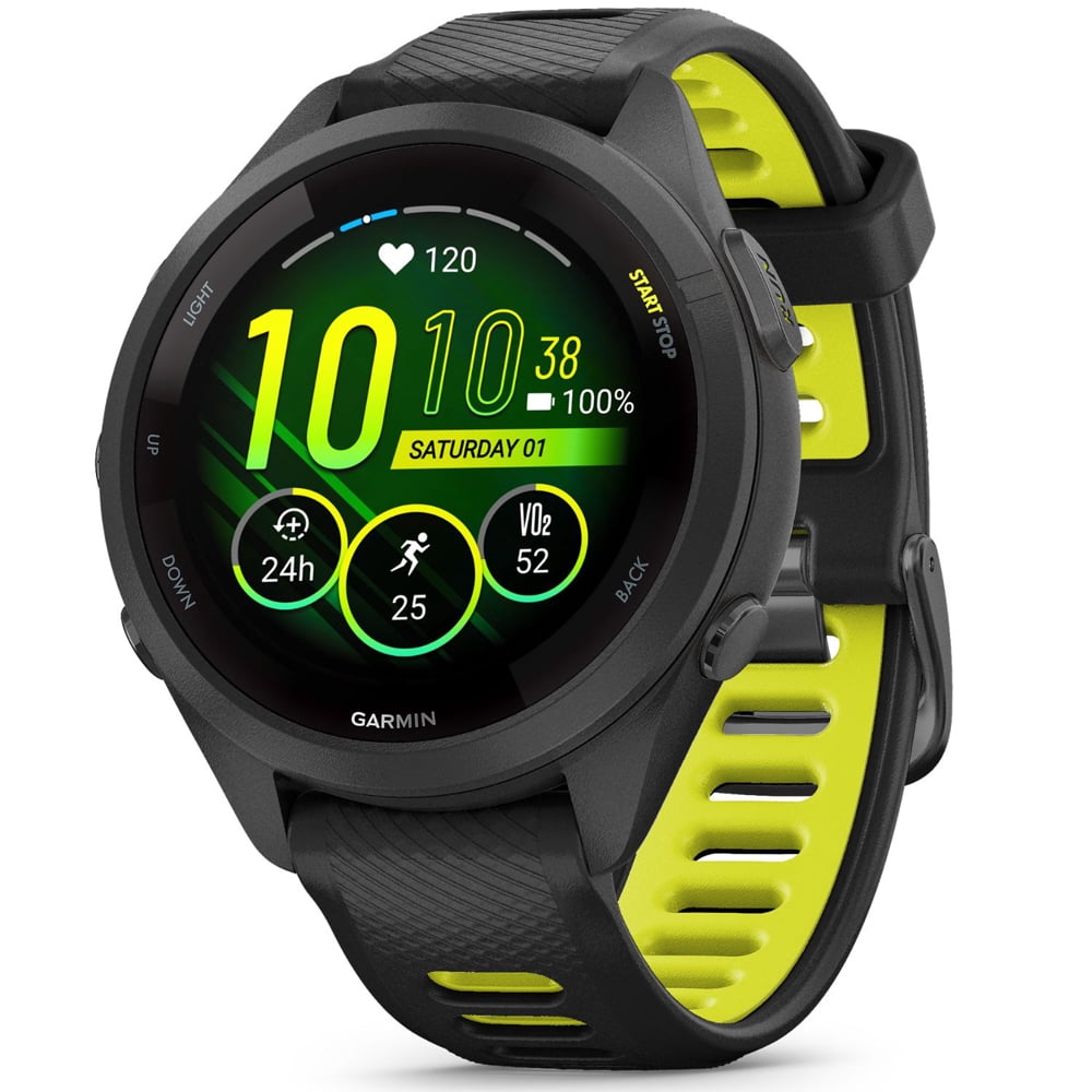 Garmin 010-02810-03 Forerunner 265S GPS Smartwatch, Black/Amp Yellow Bundle with Workout Cooling Sport Towel + Deco Essentials Wearable Commuter Front & Rear Safety Light