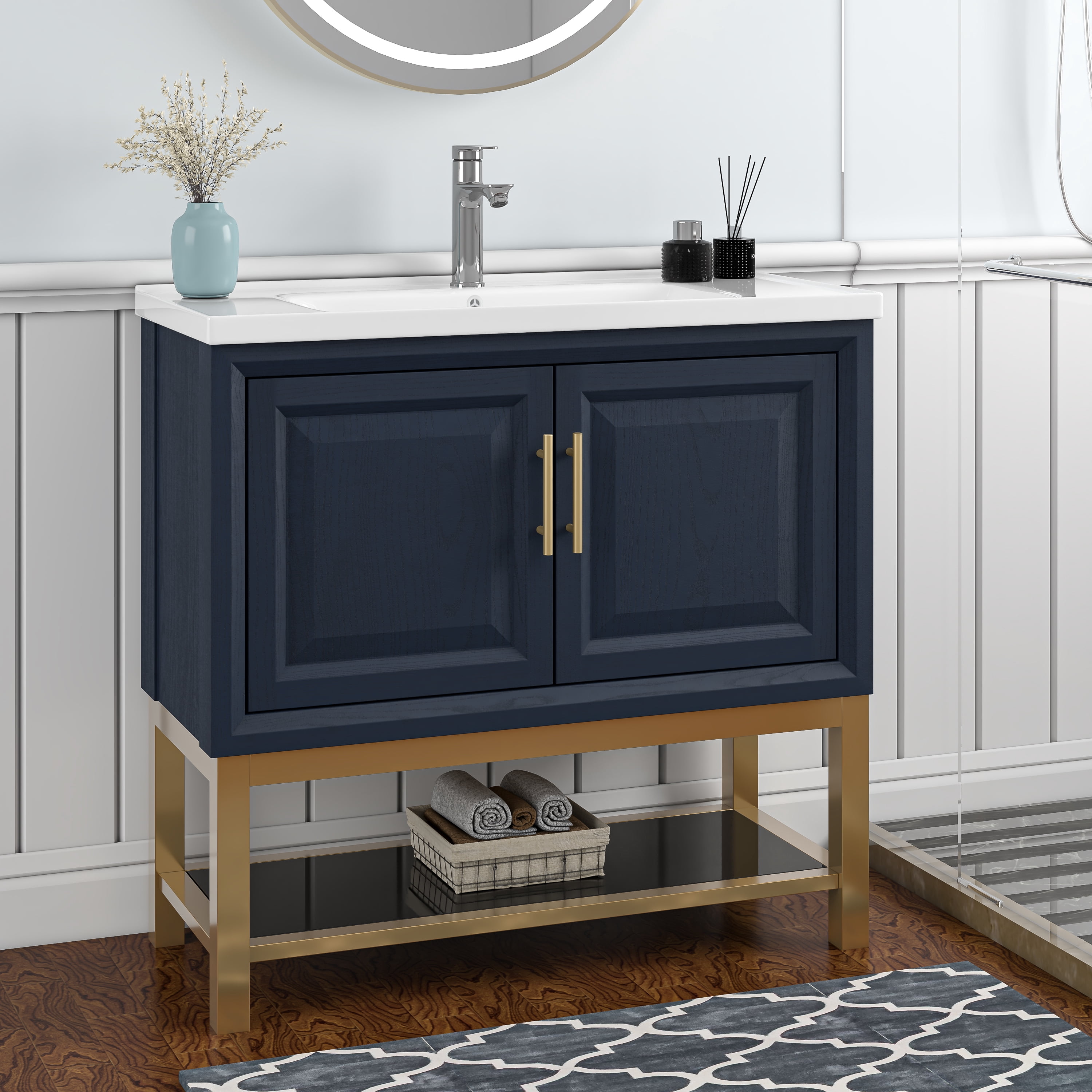 JoyRiver 36" Freestanding Bathroom Vanity with Ceramic Basin, Double-Door Storage & GRC Moisture-Resistant Material – No Faucet, Blue