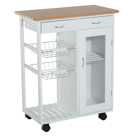 HOMCOM 34" Rolling Wood Kitchen Trolley Serving Cart with Drawer and Cabinet Wheeled Kitchen Storage Island White with Bamboo Top