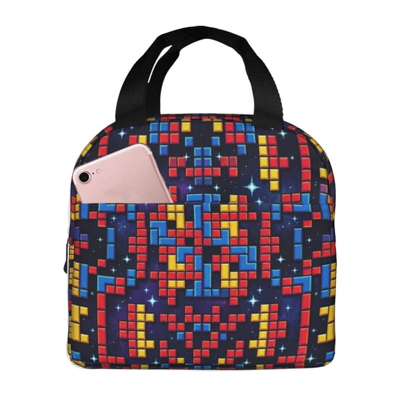 Colorful Puzzle Insulated Lunch Bag Reusable Cooler Tote With Front Pocket Handheld Meal Prep Bag For Work Office Picnic Travel