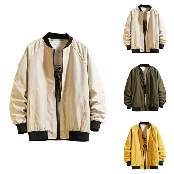 Lightweight Jackets for Men 2025 Long Sleeve Stand Collar Ribbed Trim Loose Zip Up Jacket with Pockets Outerwear Coat