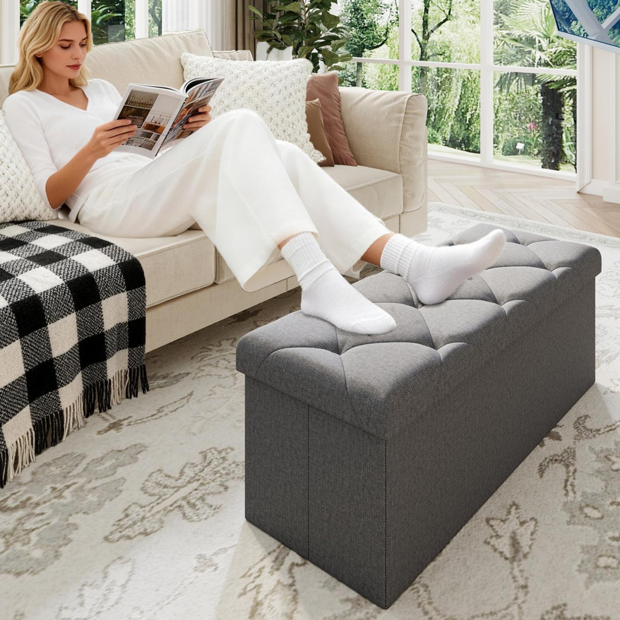 30" Storage Ottoman Bench, Folding Storage Bench Ottoman with Lid, 400 lbs Capacity, Fabric Footrest Seat for Bedroom Living Room Entryway, Grey