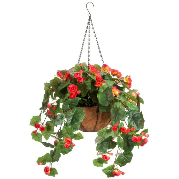 OakRidge Miles Kimball Fully Assembled Artificial Begonia Hanging Basket, 10” Diameter and 18” Chain – Coral Polyester/Plastic Flowers in Metal and Coco Fiber Liner Basket for Indoor/Outdoor Use