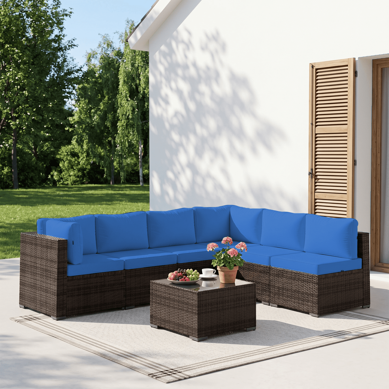 Clouddwell 7 Piece Outdoor Patio Furniture Set, Wicker Rattan Patio Sectional Sofa Set, Blue