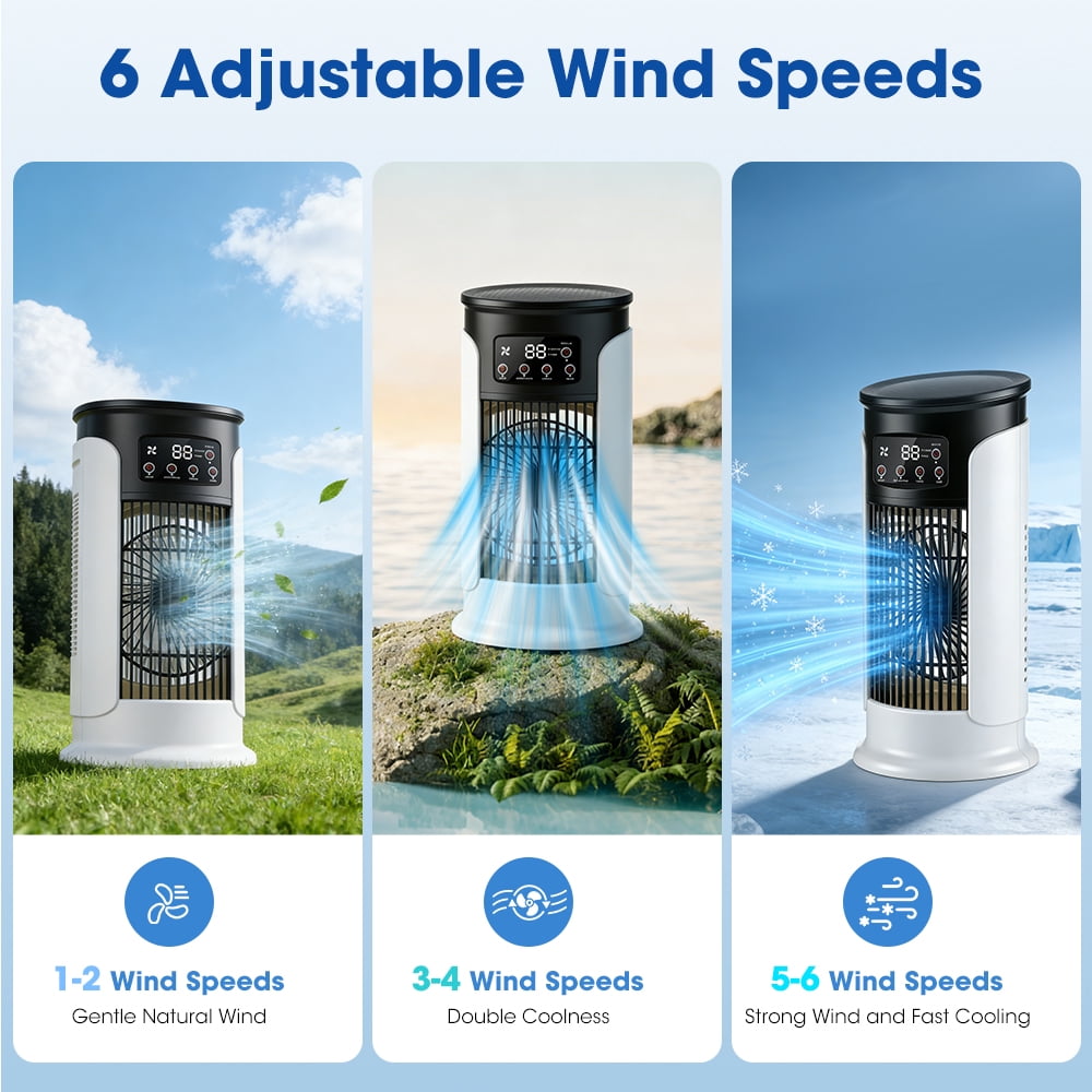 Portable Air Conditioner Fan, 6-Speed Cooling Fan with Humidifier, 6H Timer, 7-Color Ambient Light, 300ml Water Tank, USB Powered Desktop Air Cooler for Home Office Bedroom