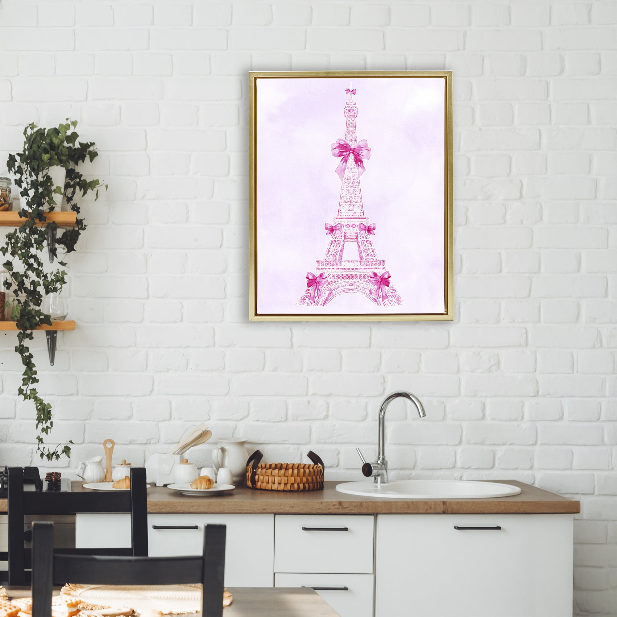 Stupell Industries Ribbon Bedecked Eiffel Tower Gold Framed Floater Canvas Wall Art, design by Ziwei Li