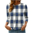 thumbnail image 2 of EchfiProm Tee Shirts Womens Plaid Blue 3/4 Sleeve Pullover Crew Neck Dressy Casual Loose Fit Blouse, 2 of 7