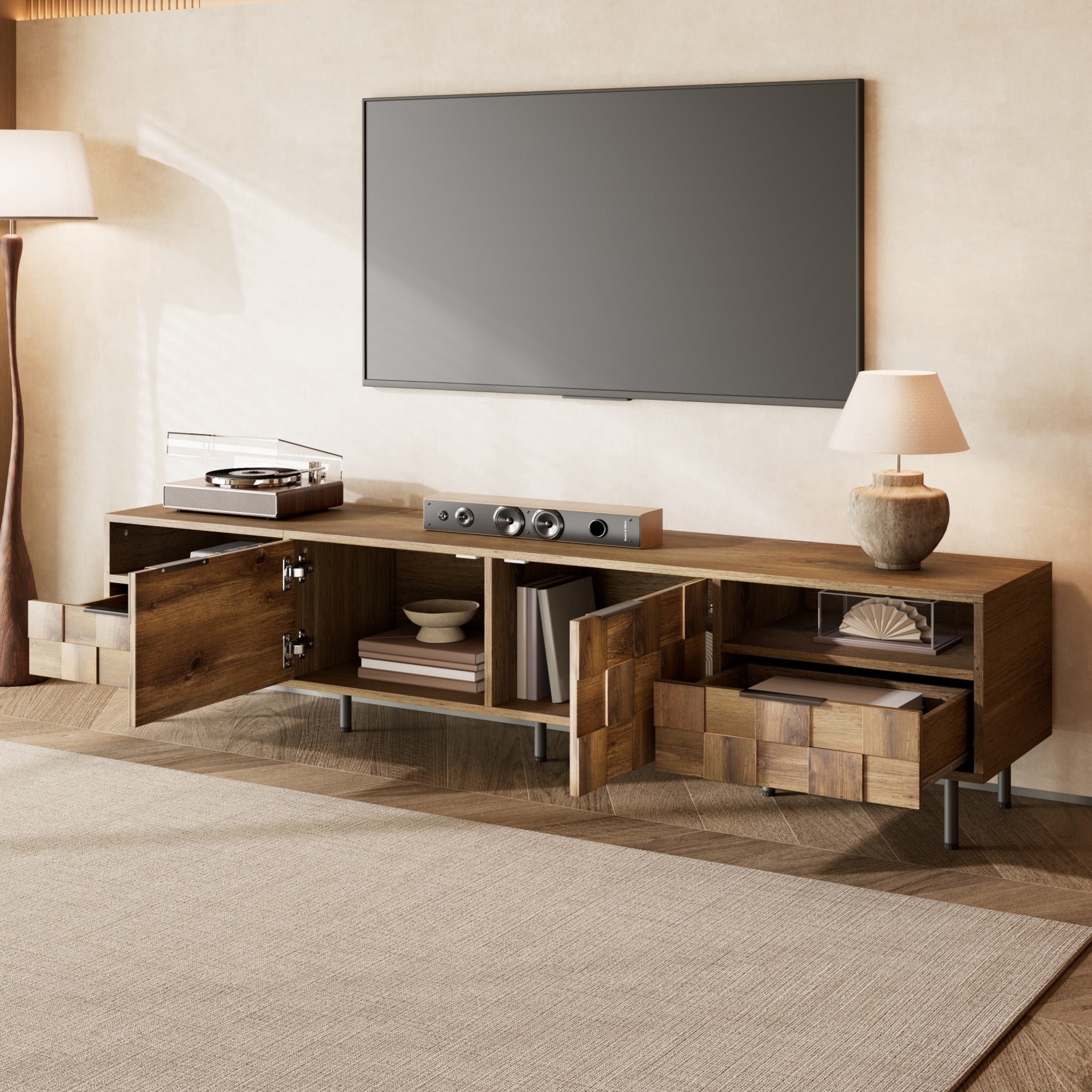 Noble House TV Stand for TVs up to 85'' with 2 Storage Cabinets, Drawers and Open Shelves, Natural