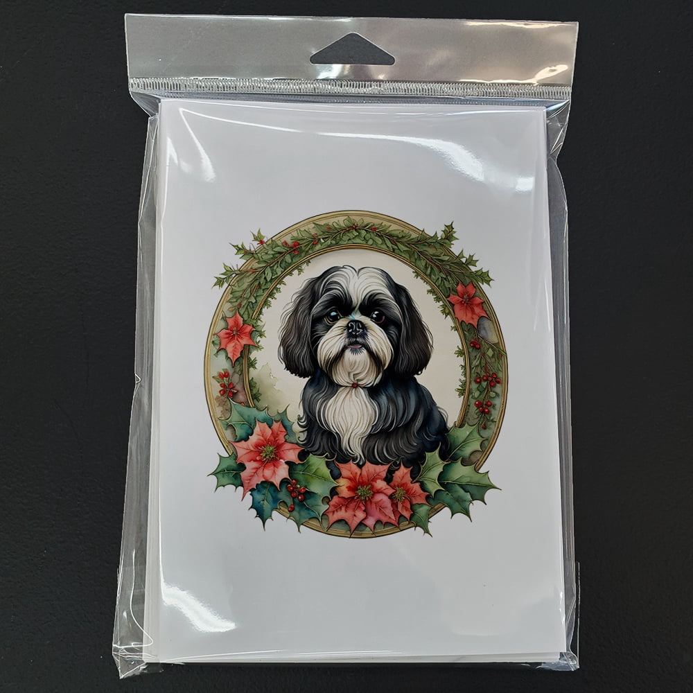 Shih Tzu Christmas Flowers Greeting Cards Pack of 8 7 in x 5 in
