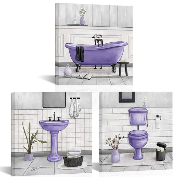 HOMEOART Bathroom Wall Art Bath Tub Painting Picture Bathroom Wall Decor Framed Ready to Hang 12x12inchx3 Purple C55