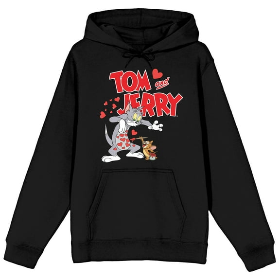 Tom & Jerry Characters with Hearts and Title Logo Women's Black Graphic Hoodie-XL
