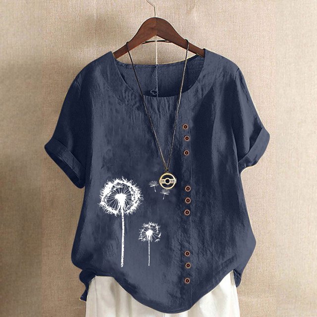Lydiaunistar Women's Spring Tops Plus Size Casual Round-Neck Printed Short Sleeve Button-Up Blouse T-Shirt Polyester Lightweight for Summer Navy