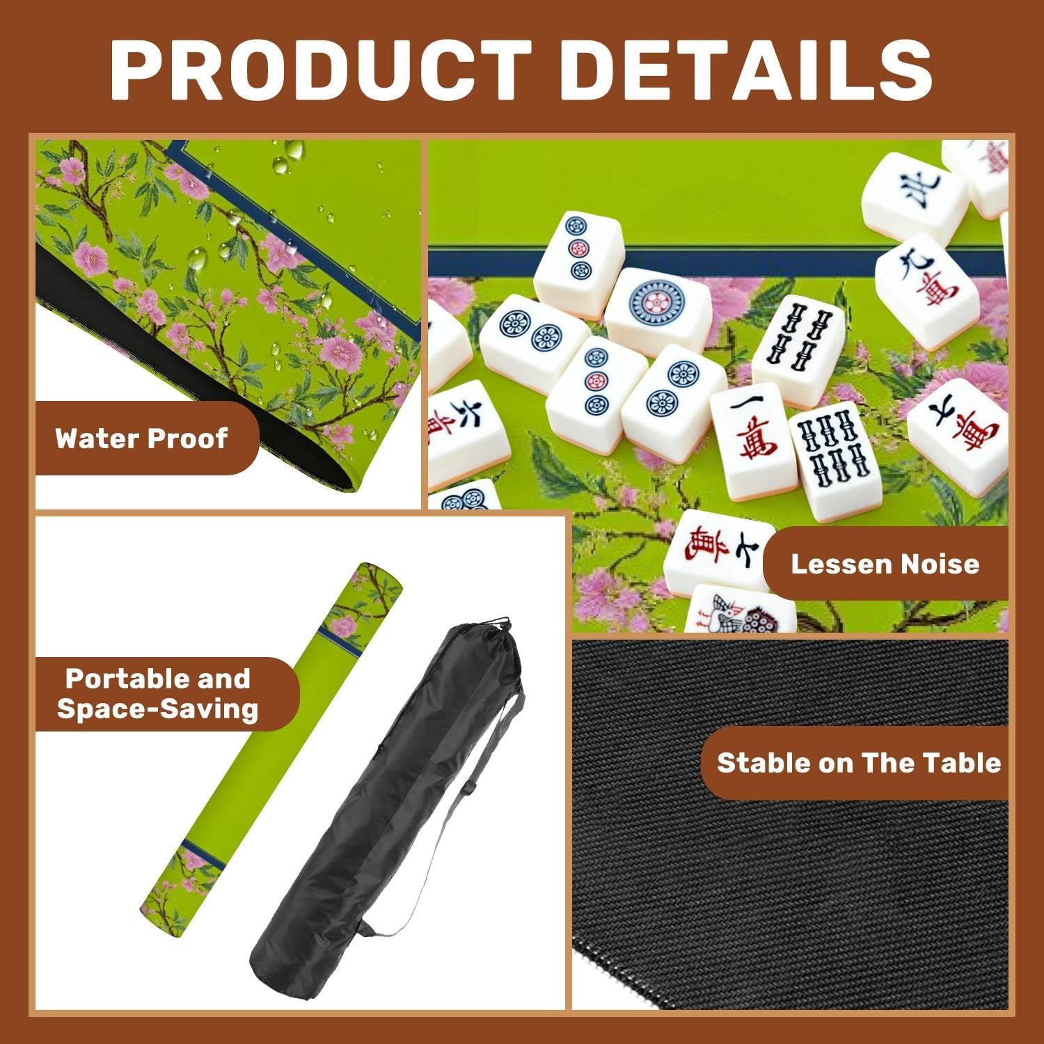 Mahjong Mat with Carrying Bag 31.5" x 31.5" Non-Slip Noise Reduction Floral Birds Vibrant Pink Flowers Green Decorative Frame Design Table Mat for Mahjong Poker Dominoes Card Board Tile Games